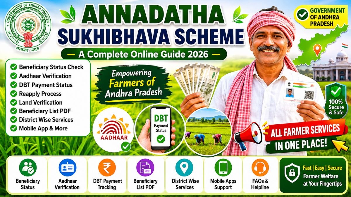 Check beneficiary status, DBT payment updates, Aadhaar verification, land verification, reapply process and farmer welfare services under Annadatha Sukhibhava Scheme 2026 Andhra Pradesh.